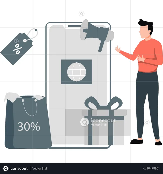 Garoto mostrando oferta de 30% de desconto  Ilustração