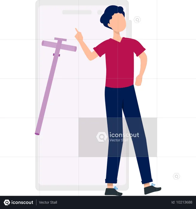 Menino mostrando ferramenta de construção no celular  Ilustração