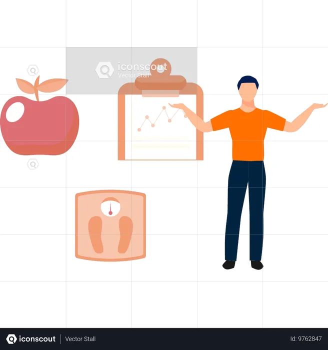 Menino mostrando otimização de classificação e dieta alimentar  Ilustração