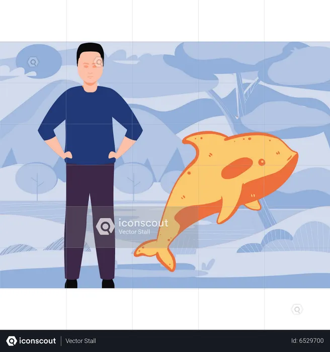 Menino observando uma baleia  Ilustração