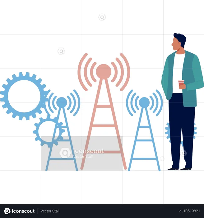 Menino olhando para sinais de antena  Ilustração