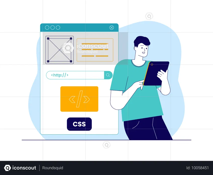 Garoto olhando wireframe enquanto faz codificação css  Ilustração