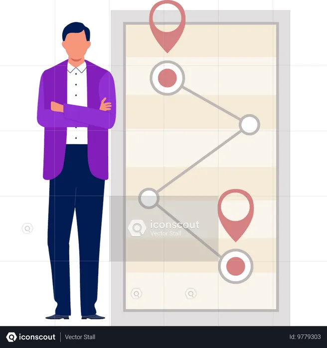 Menino parado perto dos locais do mapa  Ilustração