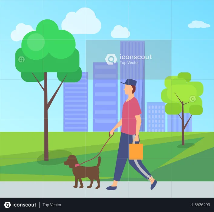 Menino andando com cachorro no parque  Ilustração