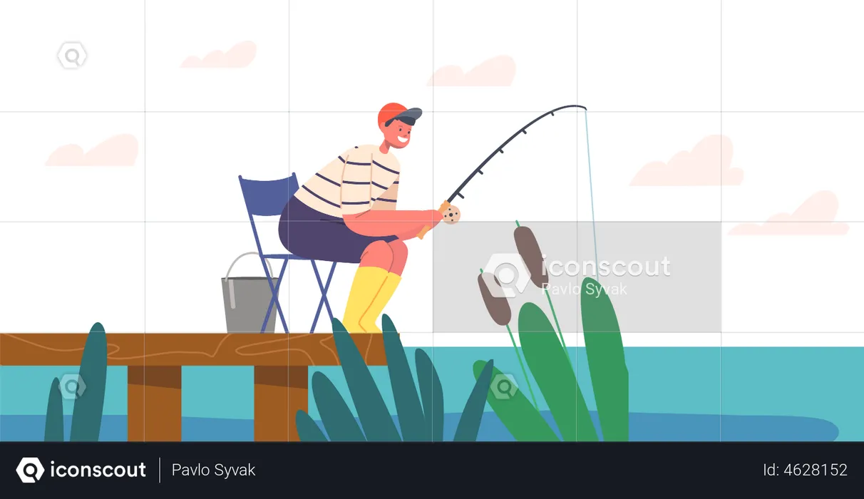 Menino pescando no lago  Ilustração