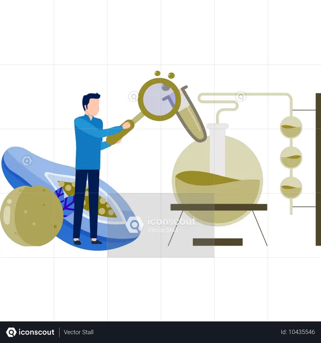 Menino pesquisando sobre molécula química  Ilustração