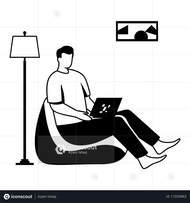 Menino relaxando e trabalhando no laptop  Ilustração