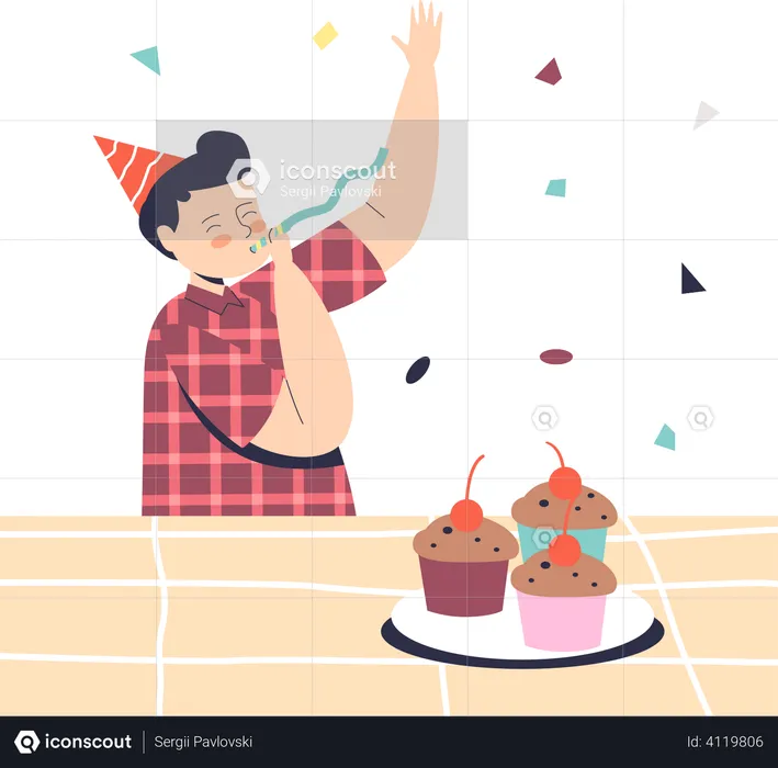 Menino se sentindo feliz ao comemorar aniversário  Ilustração