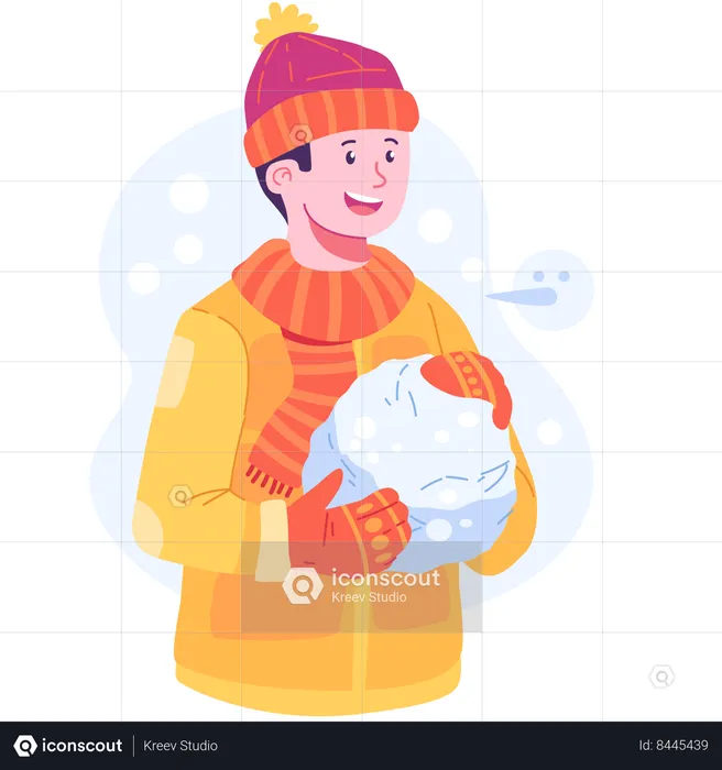 Menino segurando uma bola de neve  Ilustração