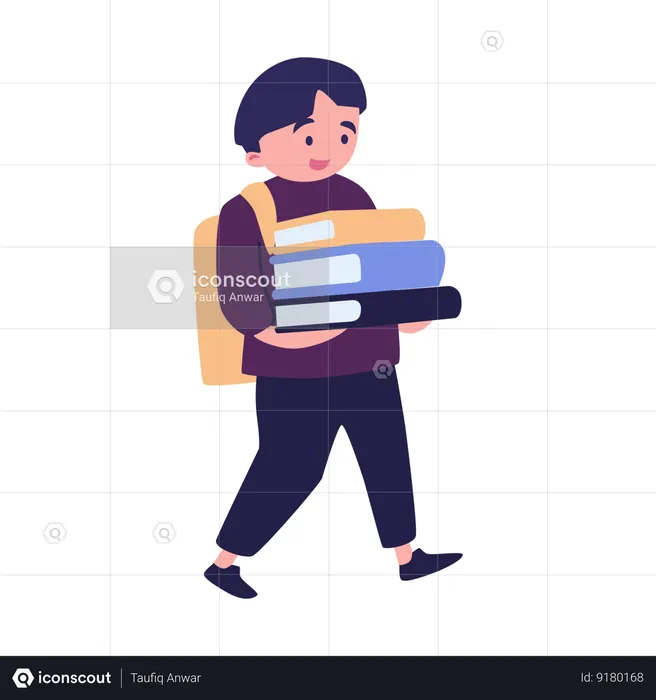 Menino segurando uma pilha de livros e carregando uma mochila escolar  Ilustração