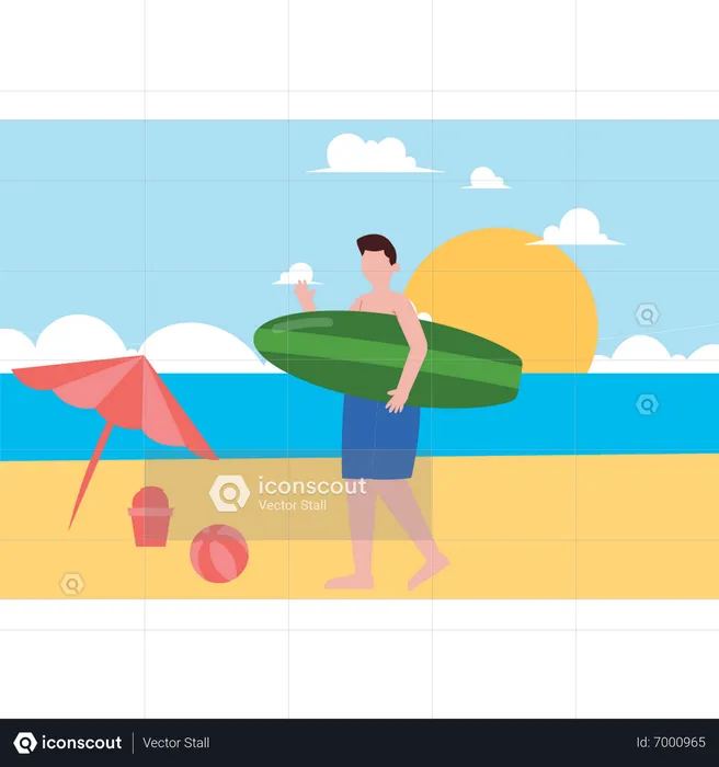 Garoto segurando uma prancha de surf  Ilustração