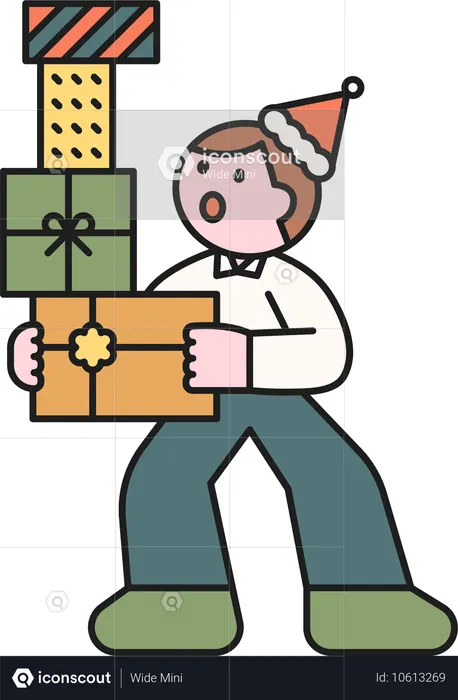 Menino segurando várias caixas de presente  Ilustração