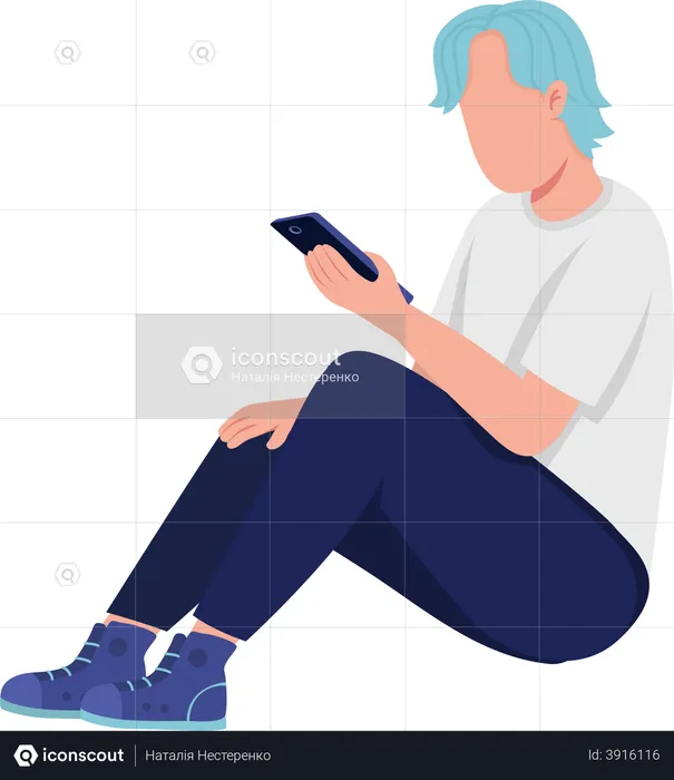 Menino sentado e usando smartphone  Ilustração