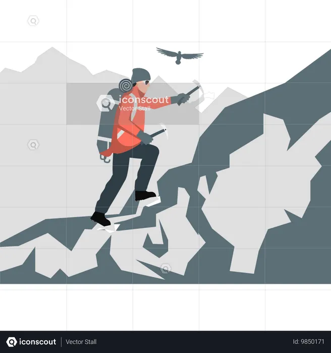 Menino também atravessando difícil caminho de montanha  Ilustração