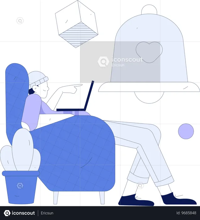 Garoto trabalhando no laptop enquanto recebe notificação de marketing  Ilustração