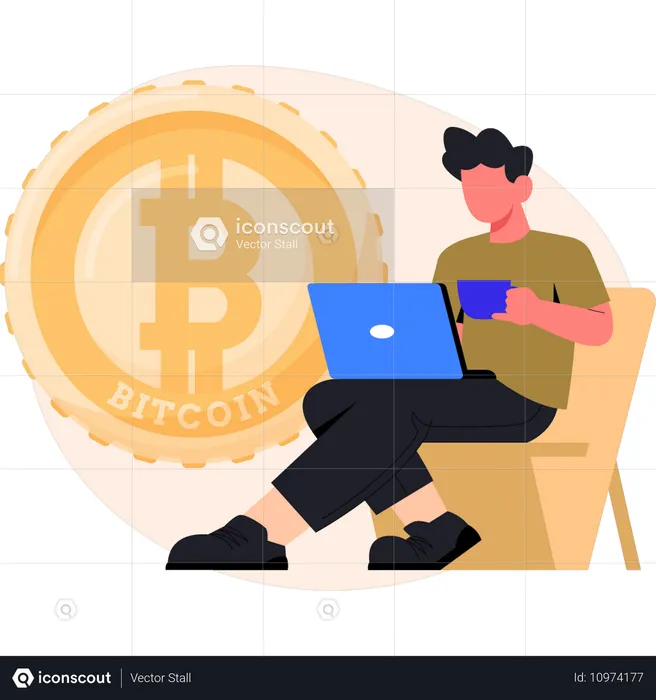 Garoto trabalhando com bitcoin  Ilustração