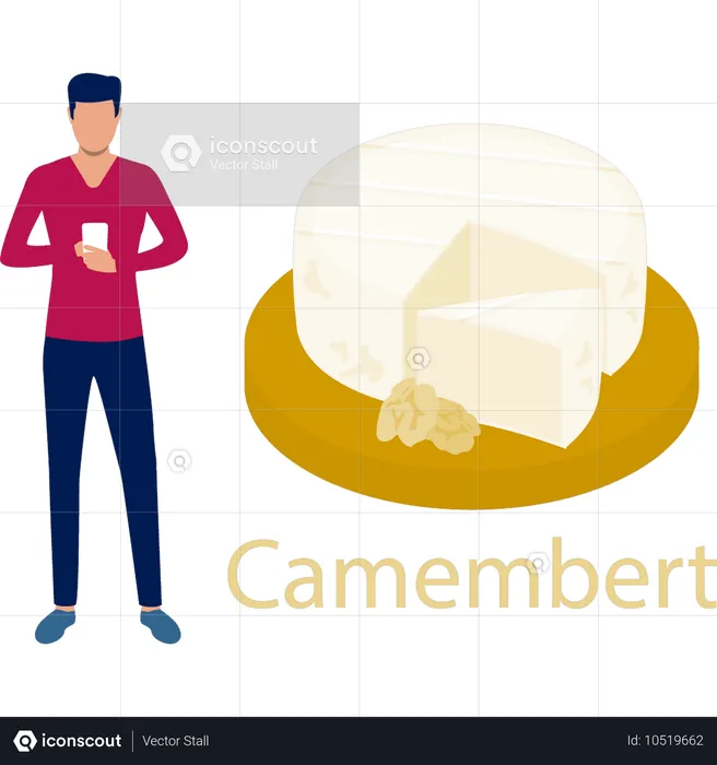 Menino usando celular enquanto está perto de camembert  Ilustração