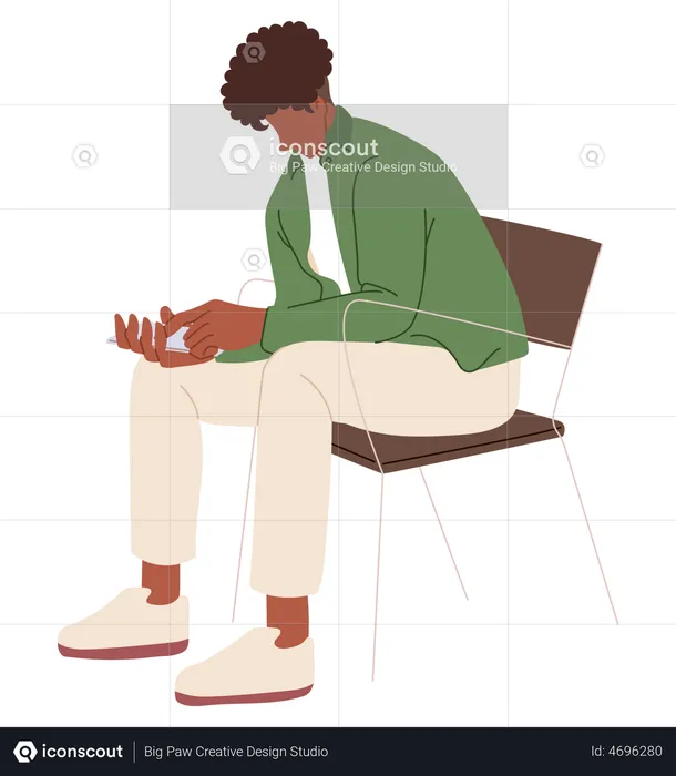 Menino usando celular enquanto está sentado na cadeira  Ilustração