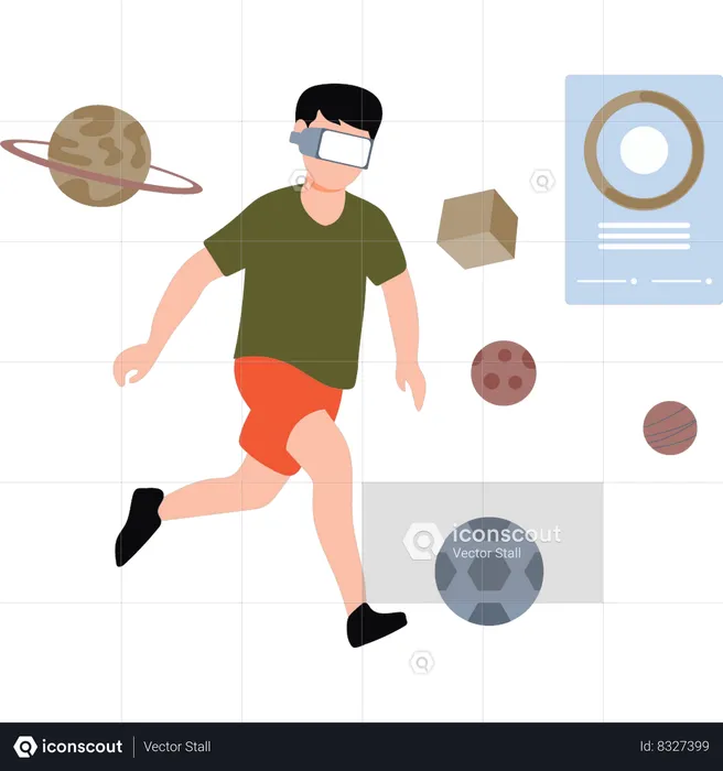 Menino usando VR jogando futebol  Ilustração