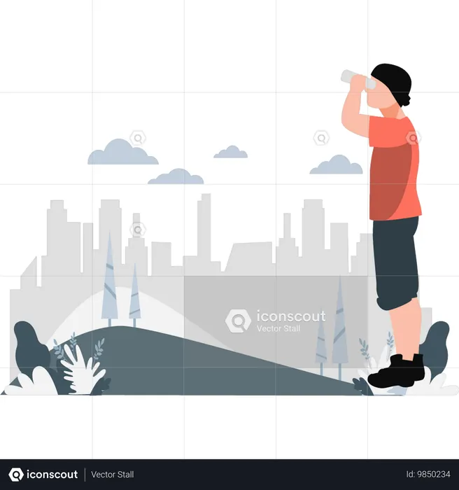 Menino vendo as condições climáticas usando binóculo  Ilustração