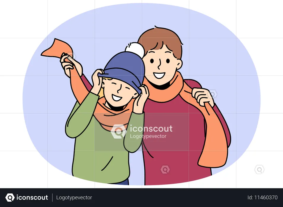 Meninos com chapéus e cachecóis de inverno comemorando o início do inverno e se preparando para uma caminhada no parque  Ilustração
