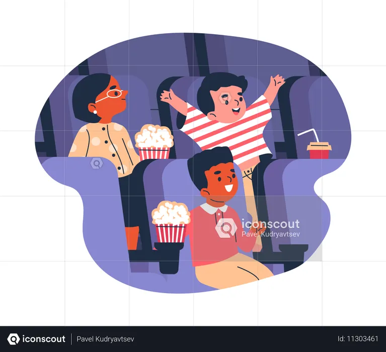 Meninos e meninas sentados no cinema com bebidas e pipoca assistindo a um filme  Ilustração