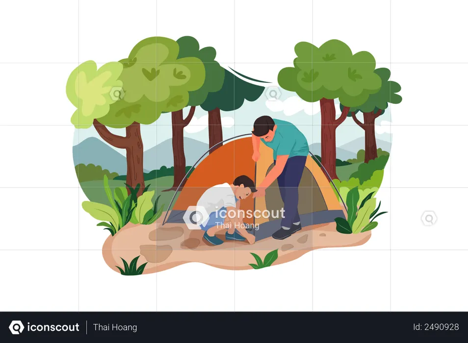 Meninos montando barraca para acampar  Ilustração