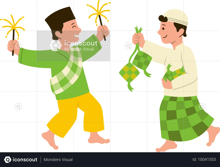 Meninos muçulmanos celebrando o festival do Eid com ketupat  Ilustração