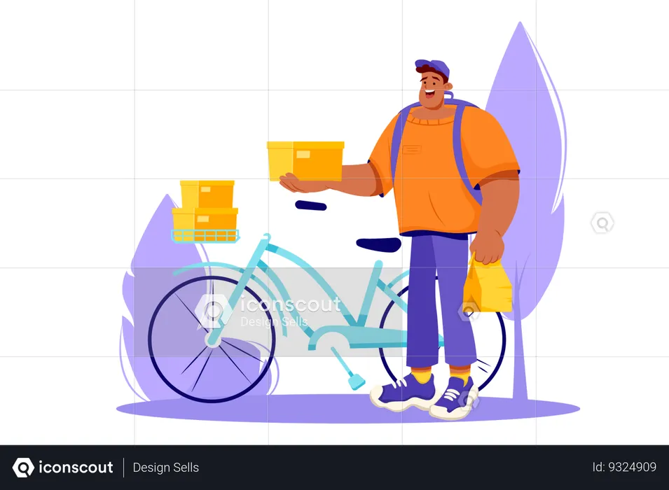 Mensageiro entrega caixas ao destino de bicicleta  Ilustração