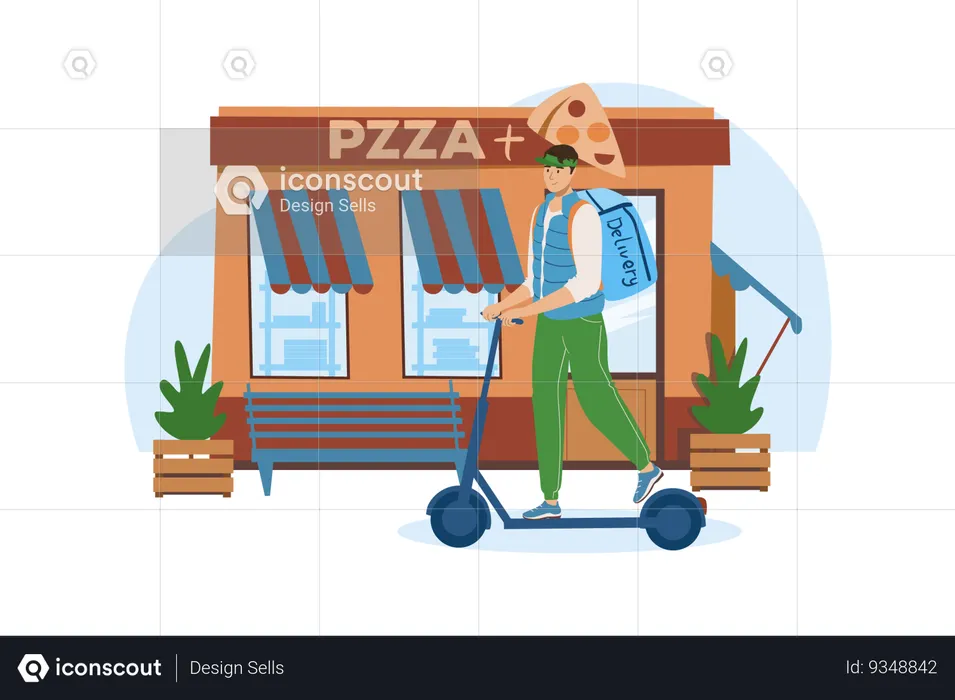 Courier pegou a pizza do café para entregá-la aos clientes  Ilustração