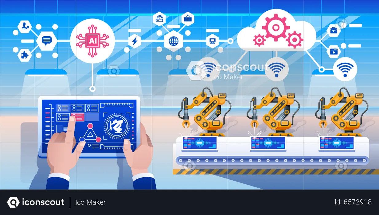 Mann bedient Roboterarm online  Illustration