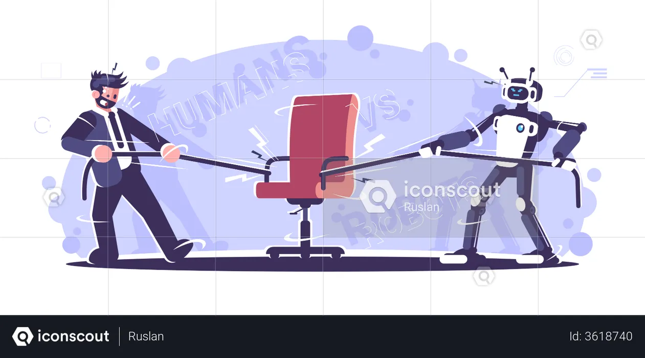 Mensch gegen Roboterarbeiter streiten um Stuhl  Illustration