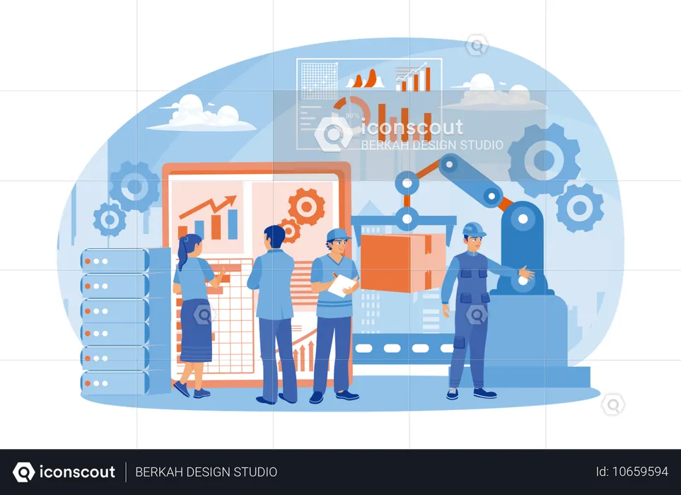 Menschen arbeiten in intelligenten Fabriken mit drahtloser Technologie zur Steuerung  Illustration