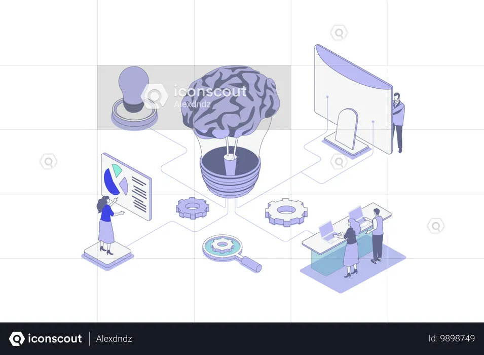 Menschen, die denken und neue Ideen entwickeln, während sie nach erfolgreichen Innovationen suchen  Illustration