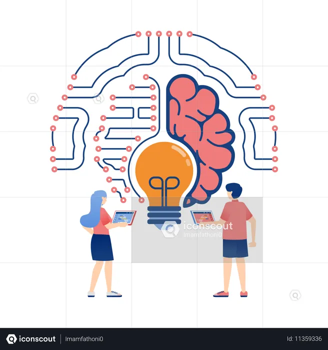 Menschen im Netzwerk auf der Suche nach Ideen und Wissen mit Gehirn- und Lichtsymbolen  Illustration