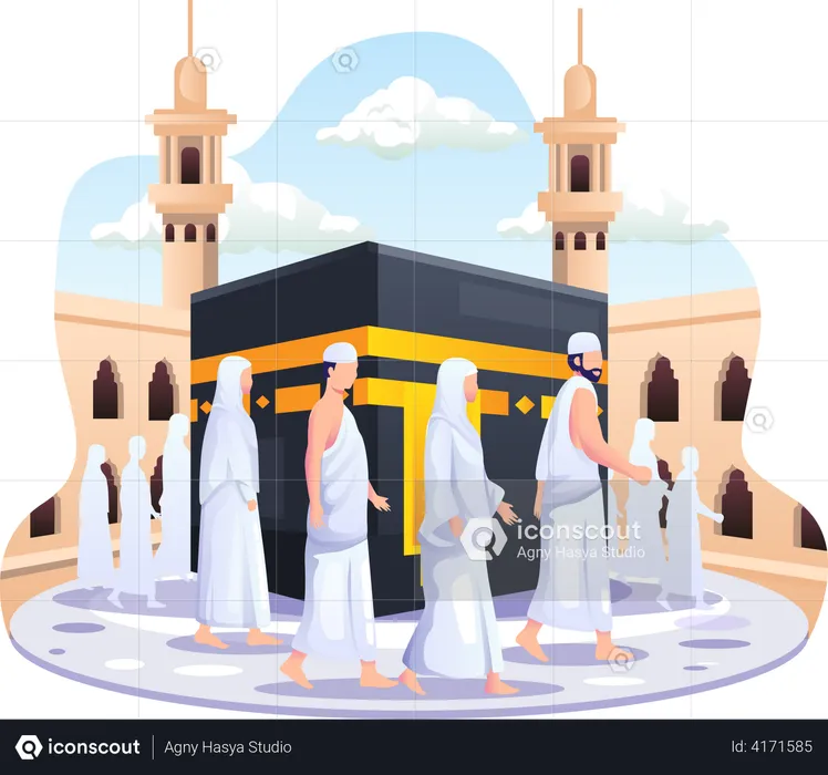 Menschen laufen um die Kaaba herum  Illustration