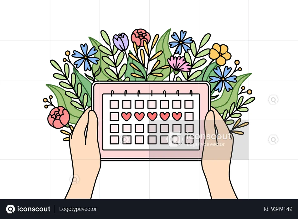 Menstrual cycle calendar in hands of woman and flowers for tracking of PMS days  Illustration