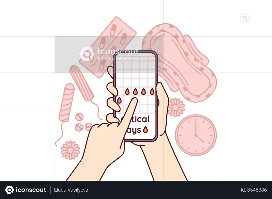 Menstruation cycle calendar in phone in hands near pads and tampons  Illustration