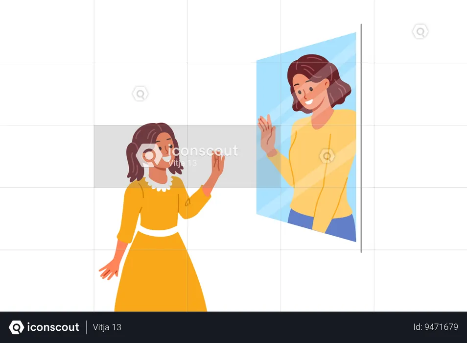Mental connection between generations in form of little girl looking in mirror and seeing mother  Illustration