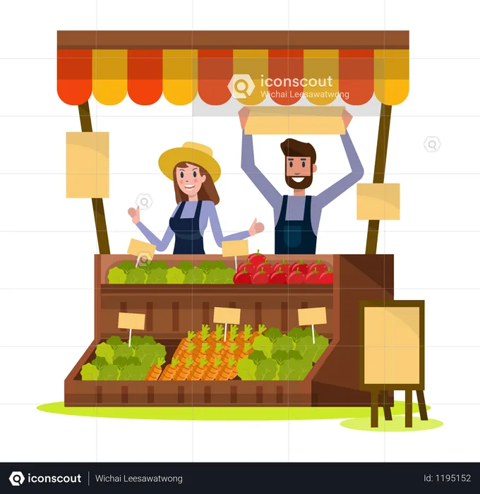 Mercado orgánico de alimentos y verduras locales.  Ilustración