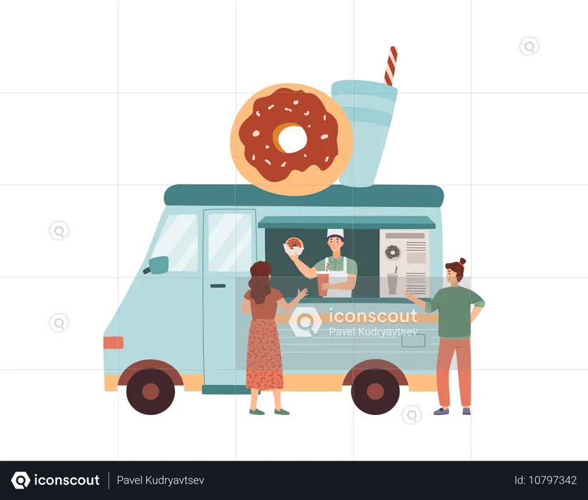 Merchant sells donut and soda drink from doughnut food truck  Illustration