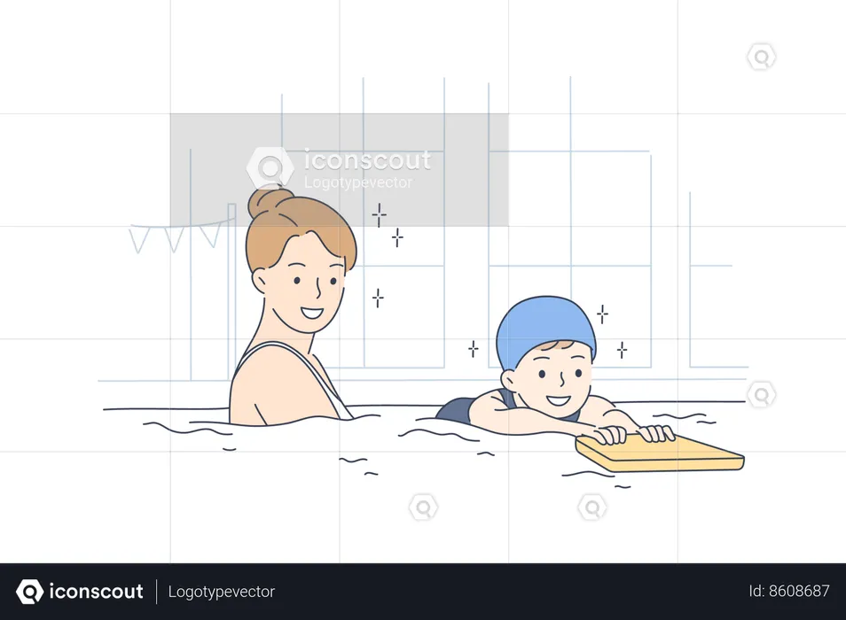 La mère enseigne la natation à son enfant  Illustration