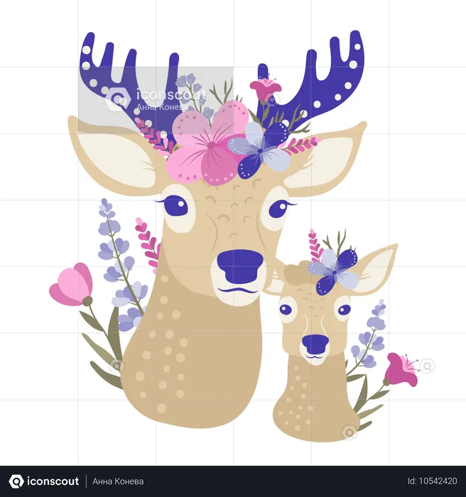 Mère cerf et bébé cerf avec des fleurs  Illustration