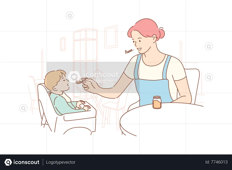 Mère donnant à manger à un enfant  Illustration