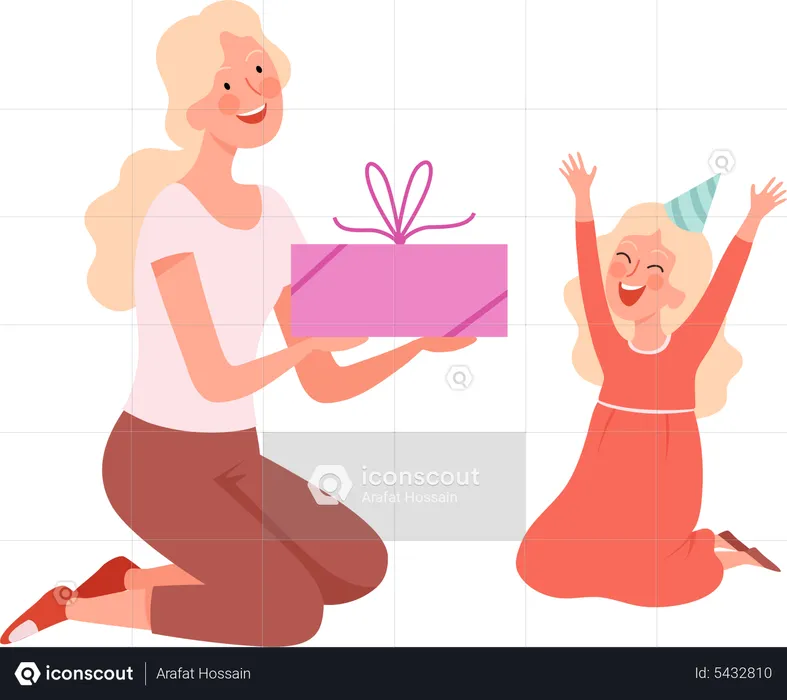 Mère donnant un cadeau à sa fille  Illustration