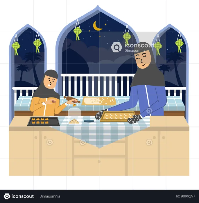 Mère et fille préparent ensemble des biscuits de l'Aïd en prévision de l'Aïd al-Fitr  Illustration