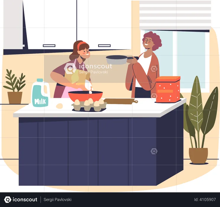 Mère et fille cuisinant à la maison dans la cuisine  Illustration