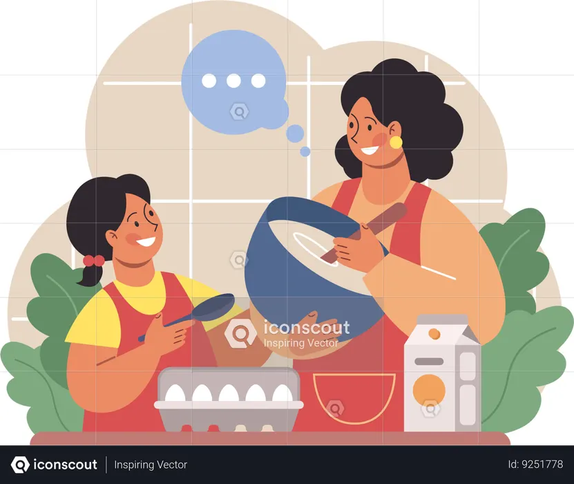 Mère et fille faisant un gâteau  Illustration