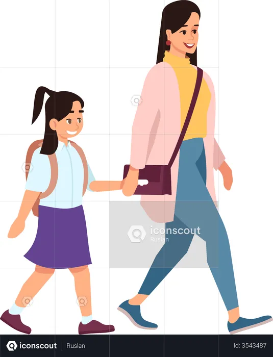 Mère et fille vont à l'école  Illustration