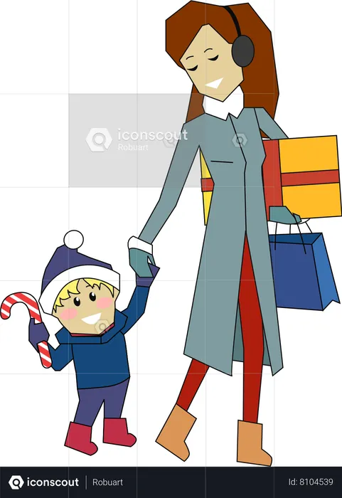 Mère et fils vont faire du shopping à Noël  Illustration